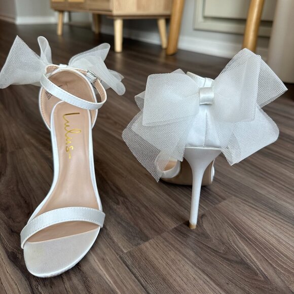 Lulus Ayanna Ivory Satin Bow Ankle Strap High Heel Sandals Size 5 - Picture 5 of 10
